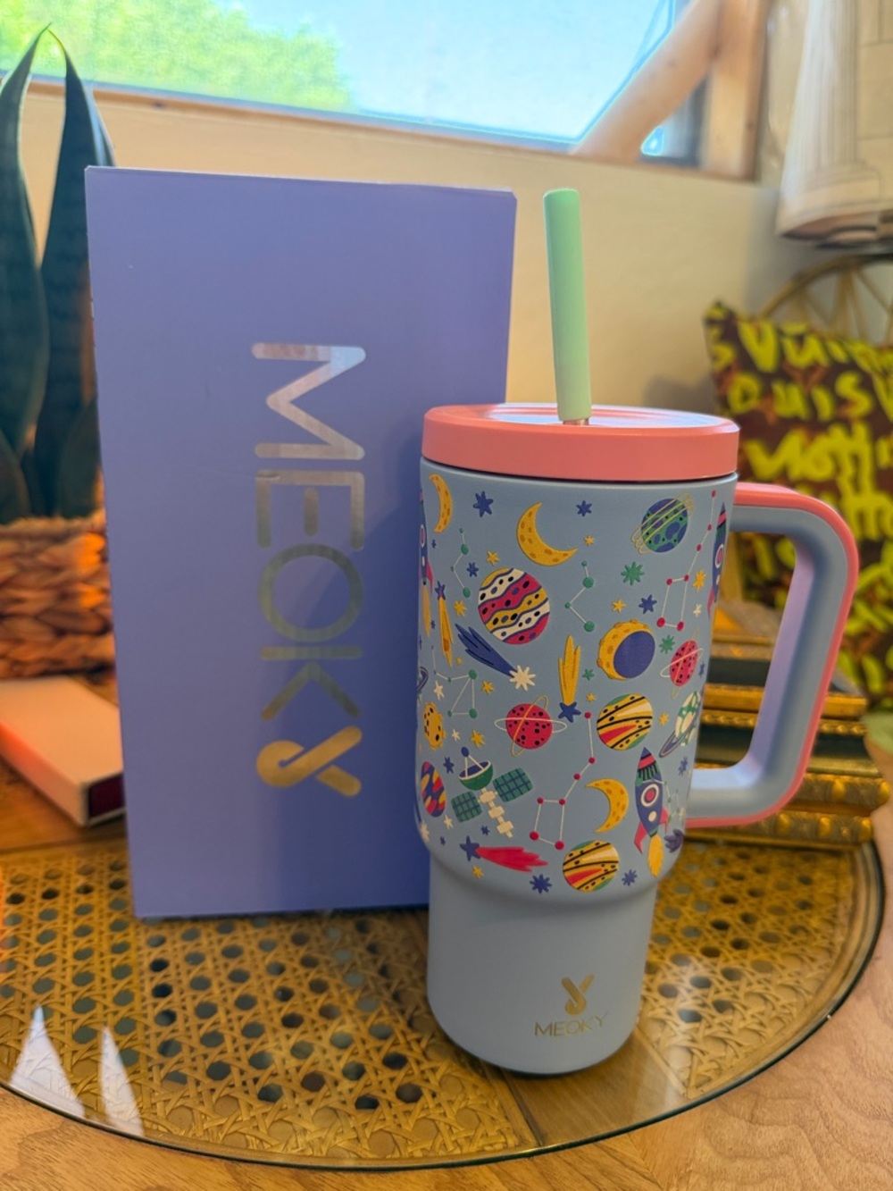 Pastel Space-Print Travel Tumbler with Handle and Straw - Blue/Pink